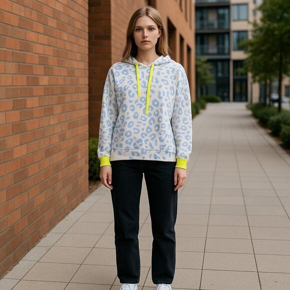 Whisper By Brodie Hoodie Sweater Pullover White Blue Cheetah Print Long Sleeve M - Picture 1 of 5